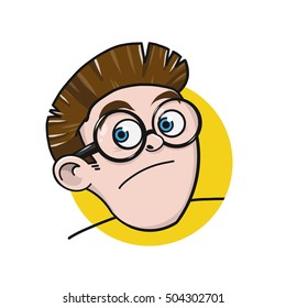 Happy bespectacled boy uneasy face vector illustration. Vector graphic drawing of personality face, male portrait. Social network theme illustration, human emotions idea.