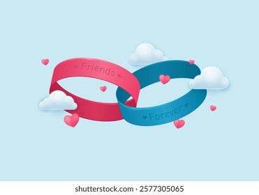 Happy Best Friends Day. Elastic bracelets and hearts with clouds on a light background. Vector 3D illustration.