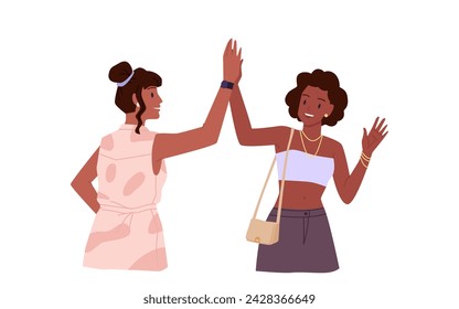 Happy best friends give high five. Two girls greeting, female students celebrating meeting with claps of hands together, nonverbal positive gesture of trust and friendship cartoon vector illustration