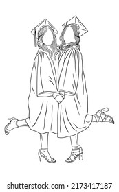 Happy Best friends happy graduation women girls university line arts style hand drawn illustration