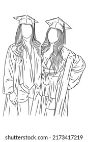 Happy Best friends happy graduation women girls university line arts style hand drawn illustration