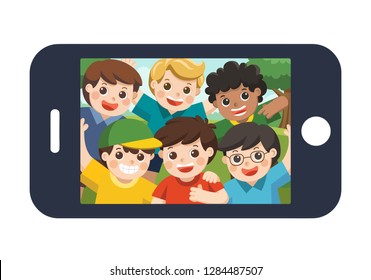 Happy best friends selfie photo on smartphone display. Vector  illustration. 