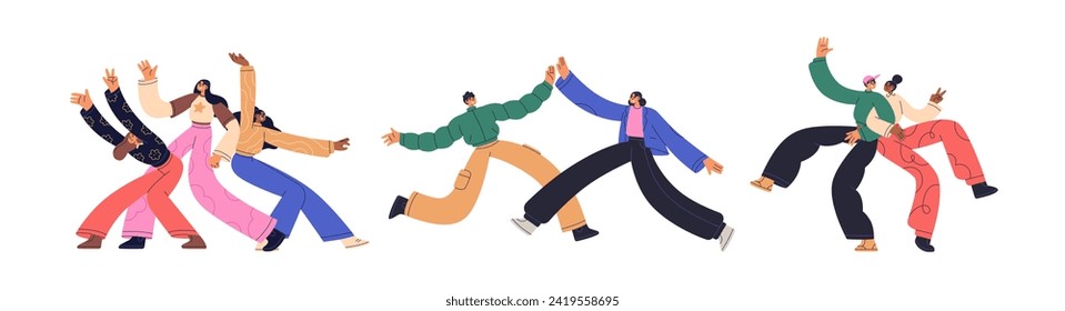 Felices mejores amigos. Jóvenes personajes emocionados divirtiéndose, bailando, abrazándose, los cinco mejores. Personas alegres, hombres y mujeres. El concepto de amistad. Ilustraciones vectoriales planas aisladas en fondo blanco