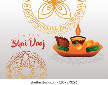 happy bhai dooj celebration card with candle and food in golden mandalas vector illustration design
