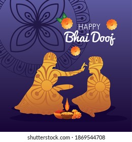 happy bhai dooj celebration card with brother and sister golden silhouette vector illustration design