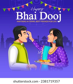 Happy Bhai Dooj festival, Bhaiya Tika celebration creative poster design. Brother and sister bond