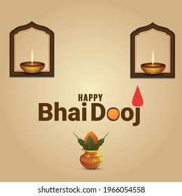 Happy bhai dooj indian festival greeting card with creative kalash and diwali diya