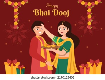 Feliz Festival Indio de Bhai Dooj Hand Dibujó caricatura Ilustración de hermanas rezando por la protección de hermanos con un punto en la frente