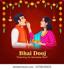 Happy Bhai Dooj Indian Festival Celebration. Sister Pray for Brother Protection. Greeting card and template banner for sales promotion advertisement