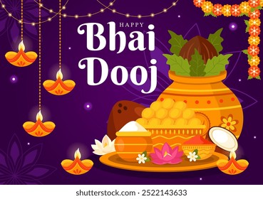 Happy Bhai Dooj Indian Festival Celebration Vector Illustration of Sisters Praying for Their Brothers Protection with Applying a Forehead Dot