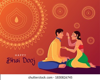 happy bhai dooj with indian man and woman cartoon design, Festival and celebration theme Vector illustration