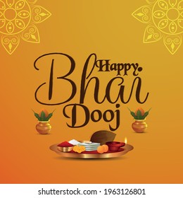 Happy bhai dooj invitation greeting card with creative pooja thali and golden kalash on yellow background