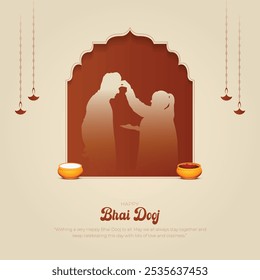 Poste y tarjeta de felicitación felices de Bhai Dooj. Festival indio Bhai Dooj Ilustración vectorial de carteles creativos.