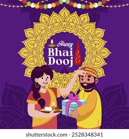 Feliz saludo de Bhai Dooj y Raksha Bandhan 2024 con una hermana aplica una tika roja en la ilustración de la frente de su hermano. Lo mejor para el Anuncio de la ceremonia de celebración de Diwali, fondo, Plantilla, saludo. 