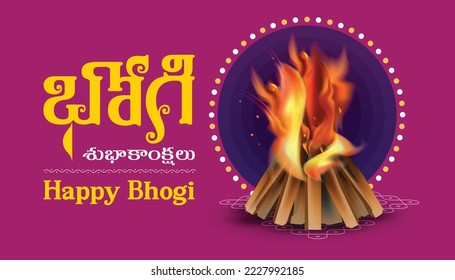 Feliz iluminación vectorial Bhogi escrita en lengua regional Telugu