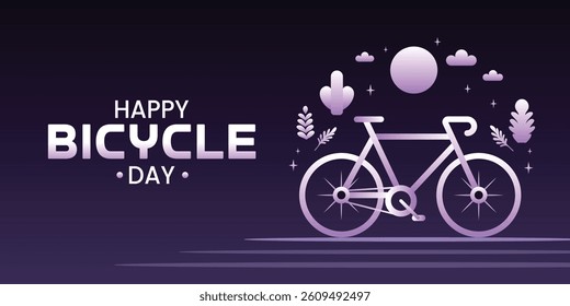 Happy Bicycle Day Banner, Gradient Purple Bike, Abstract Elements