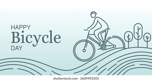 Happy Bicycle Day Banner, Line Art Cyclist, Abstract Landscape, Minimalist Design