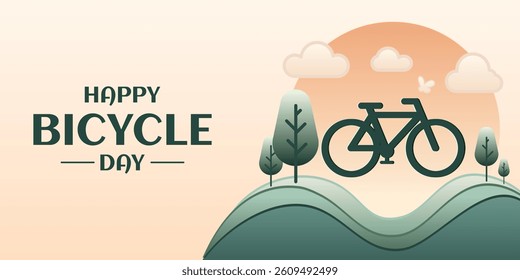 Happy Bicycle Day Banner, Nature Landscape, Silhouette Bike, Soft Colors