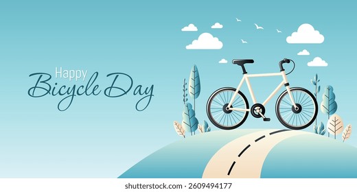 Happy Bicycle Day Banner, Scenic Bike Ride, Coastal Hills, Script Typography
