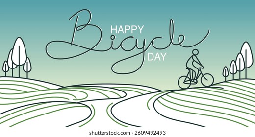 Happy Bicycle Day Banner Vector: Line Art Landscape, Cyclist