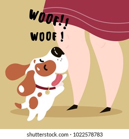 Happy biegle dog with collar on illustration. Home pet stand on his back legs with tongue out near the legs of his female master owner. Woof Woof sign-out text. Flat cartoon style image.