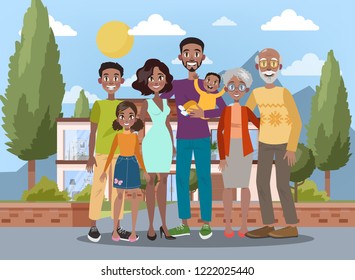 Happy big african american family portrait. Mom and dad, children and their grandparents. House on the background. Isolated flat vector illustration