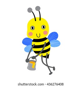 Happy big Bee flying around with a brimful jar of delicious honey cartoon character isolated on white background.