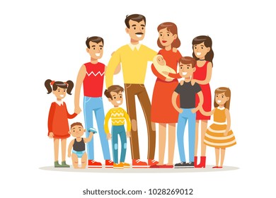 Happy Big Caucasian Family With Many Children Portrait With All The Kids And Babies And Tired Parents Colorful Illustration