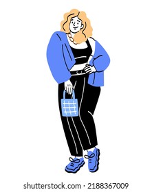 Happy big chubby woman. Attractive girl in plus size figure in stylish casual outfit. Beautiful lady with obese or curvy body. Bodypositive concept. Cartoon flat vector illustration in doodle style