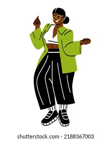 Happy Big Chubby Woman. Beautiful Girl With Plus Size Figure And Self Confidence. Obese Or Curvy Female Character In Stylish Clothes Dancing. Bodypositive Concept. Cartoon Flat Vector Illustration