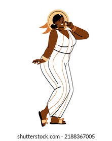 Happy Big Chubby Woman. Beautiful Sexy Girl With Plus Size Figure Accepts Her Body. Curvy Or Obese Lady In Summer Stylish Outfit. Bodypositive And Feminism Concept. Cartoon Flat Vector Illustration