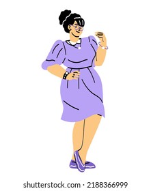 Happy Big Chubby Woman. Young Girl With Fat Curvy Figure Loves Herself. Plump Lady In Dress Or Stylish Outfit. Plus Size And Sexy. Bodypositive And Feminism Concept. Cartoon Flat Vector Illustration