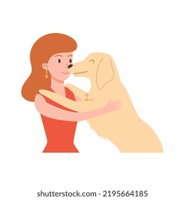 Happy big dog put paws on smiling girl shoulders, hug flat style, vector illustration isolated on white background. Embrace, friendship, glad owner and pet