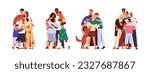 Happy big families hug set. Parents and kids embrace with love, support. Mothers, fathers, children cuddle. Bonding relationship concept. Flat graphic vector illustrations isolated on white background