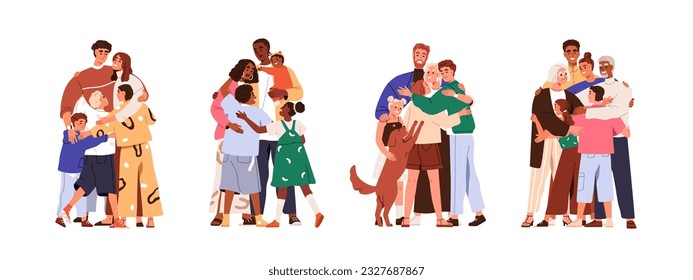 Happy big families hug set. Parents and kids embrace with love, support. Mothers, fathers, children cuddle. Bonding relationship concept. Flat graphic vector illustrations isolated on white background - Shutterstock ID 2327687867