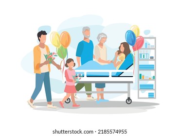 Una feliz gran familia vino al hospital de maternidad para felicitar a la madre por el bebé recién nacido. Alegría y felicidad por maternidad. Ilustración vectorial en un estilo plano.