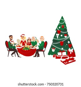 Happy big family celebrating Christmas, sitting at the table, Xmas fir tree with many present boxes, cartoon vector illustration isolated on white background. Family dinner, Christmas tree, presents