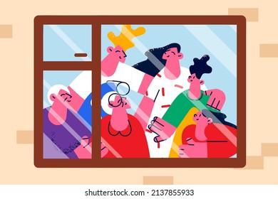 Happy big family with children look out of window hugging and showing unity. Smiling parents, grandparents and kids embrace enjoy bonding time together indoors. Vector illustration. 
