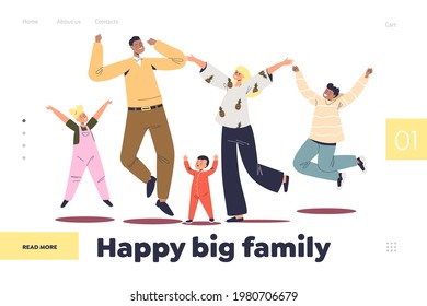 Happy big family concept of landing page with cheerful parents and kids jumping. Joyful mom and dad have fun with children enjoy, spend time together. Cartoon flat vector illustration