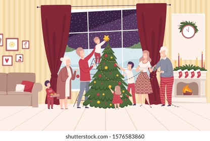 Happy Big Family Decorating Christmas Tree, People Preparing for Celebrating Winter Holidays Vector Illustration
