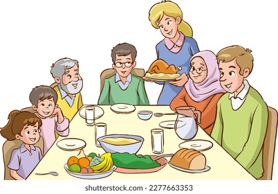 Happy big family eating dinner together vector illustration