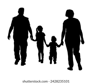 Happy big family enjoy holding hands vector silhouette illustration isolated. Fathers day. Mothers day. Dad and mom with daughter and son walking. Love and tenderness with kids outdoor. Grandparents.