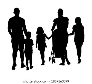 Feliz gran familia disfrutando de la silueta vectorial de manos aislada en blanco. Día del padre. Día de la Madre. Papá, mamá y bebé en el paro, hijas e hijo caminando. Amor y ternura relajación en público 