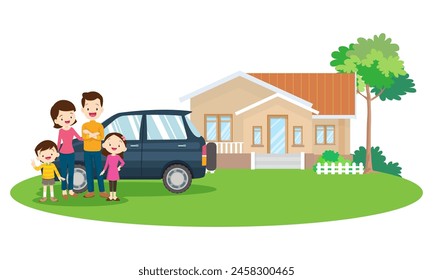 Happy big family in front of house ,rainbow