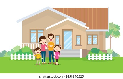 Happy big family in front of house ,rainbow