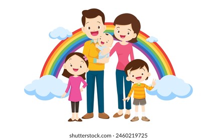 Happy big family in front of house ,rainbow