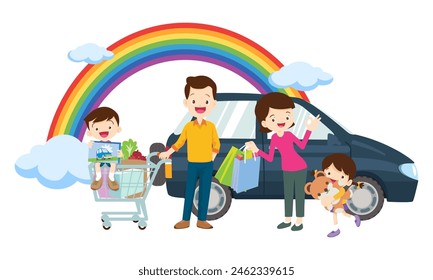 Happy big family in front of house ,rainbow