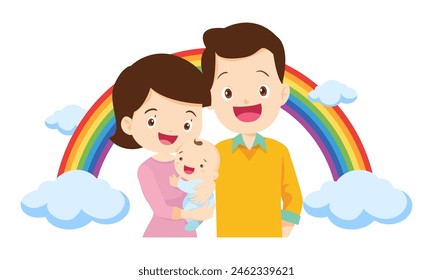 Happy big family in front of house ,rainbow