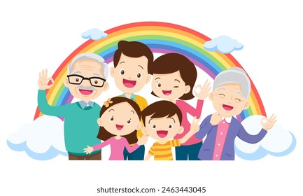 Happy big family in front of house ,rainbow