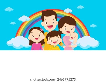 Happy big family in front of house ,rainbow